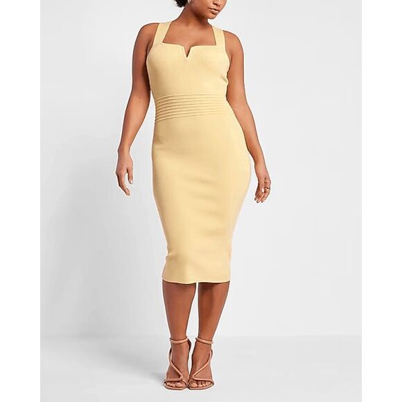 Express Body Contour Cross Back V Wire Pale Yellow Midi Stretch Dress Medium - Picture 1 of 14